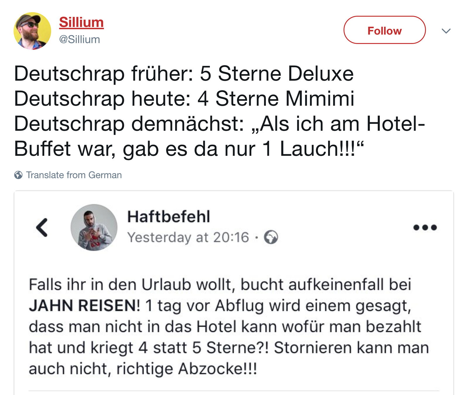 Haftbefehl Hotel Twitter